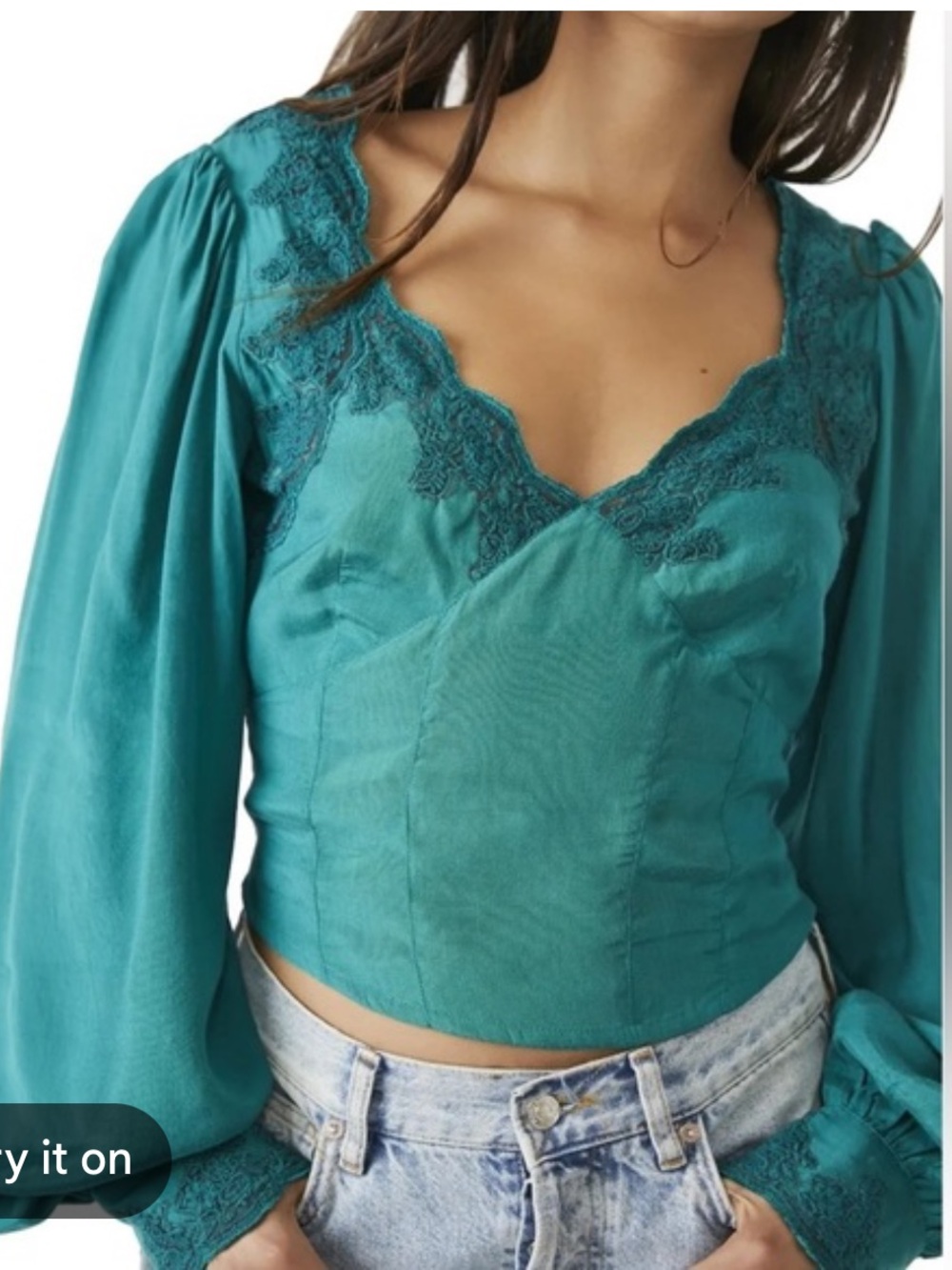 Free People womans Janelle Teal Lace-Trim Puff Sleeve Blouse top size S